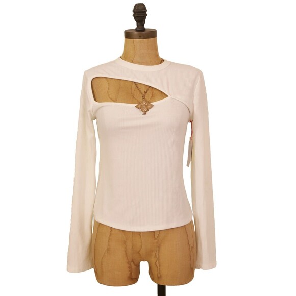 Open Edit Cutout Detail Mock Neck Top Size S Long Sleeve Ribbed Ivory NWT B57 - Picture 2 of 5
